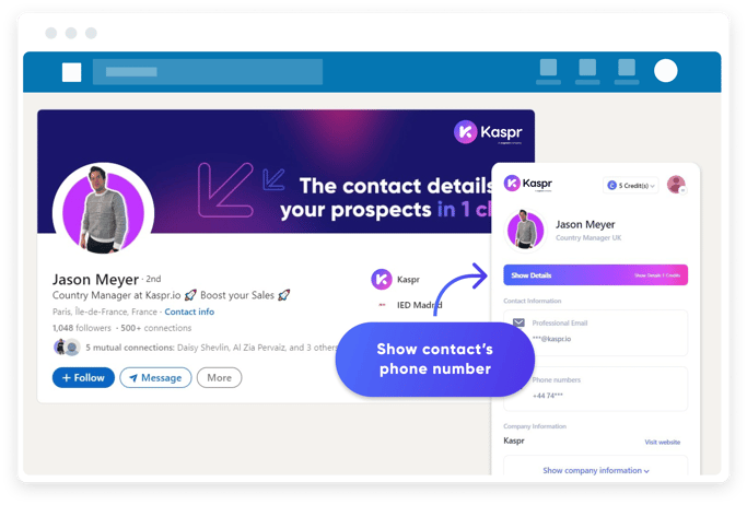 Graphic of Kaspr widget with button to click to show the prospect's phone number